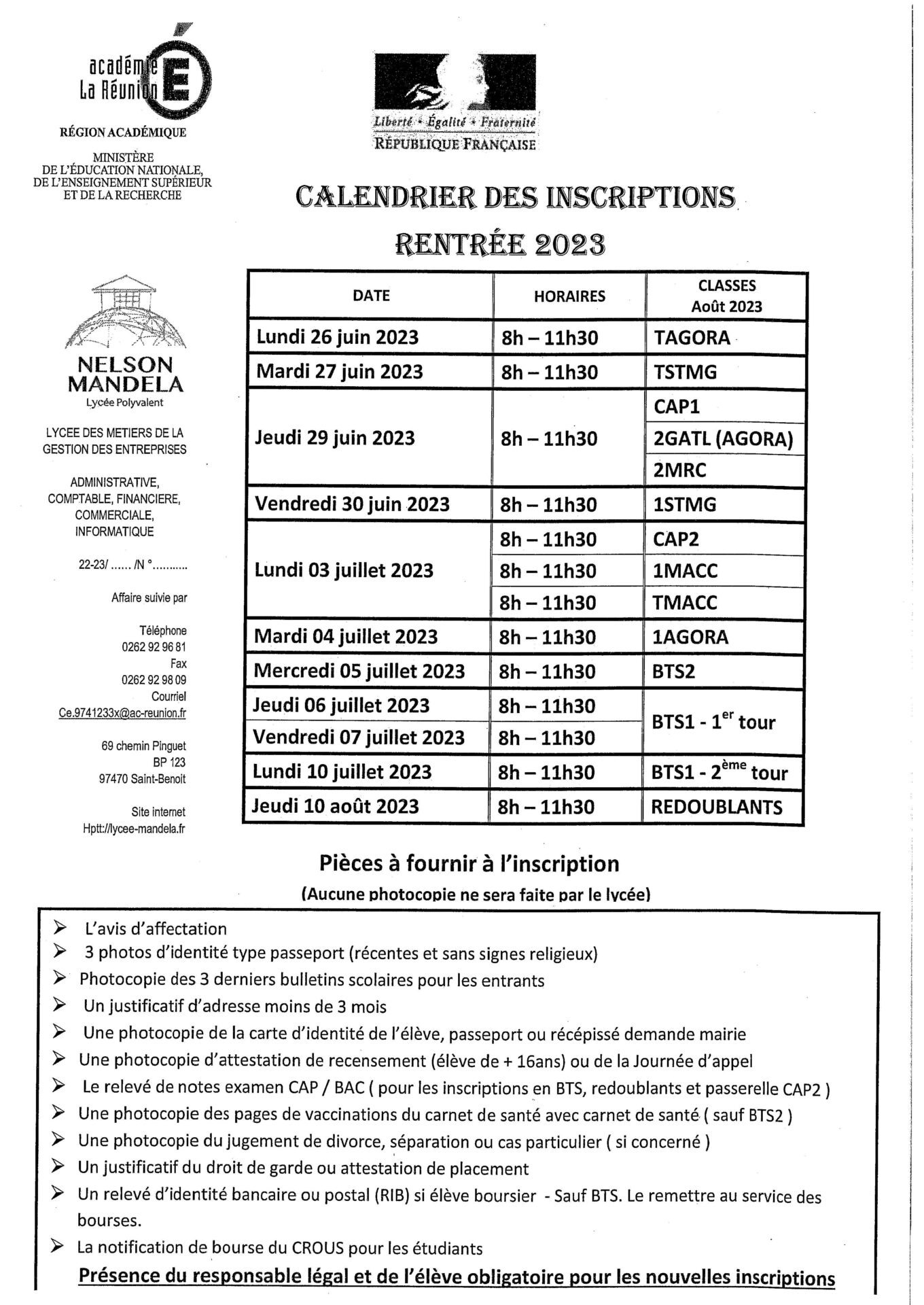 Calendrier 2023 2024 semaine A et B - Lycée Nelson MANDELA